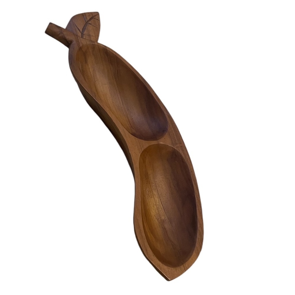 Vintage Teak Wood Monkey Pod Leaf Shape Divided Nut Dish,